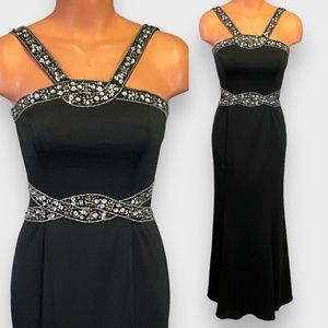 Vintage 90s Black & Silver Sequined & Beaded Party Prom Dress Evening Gown